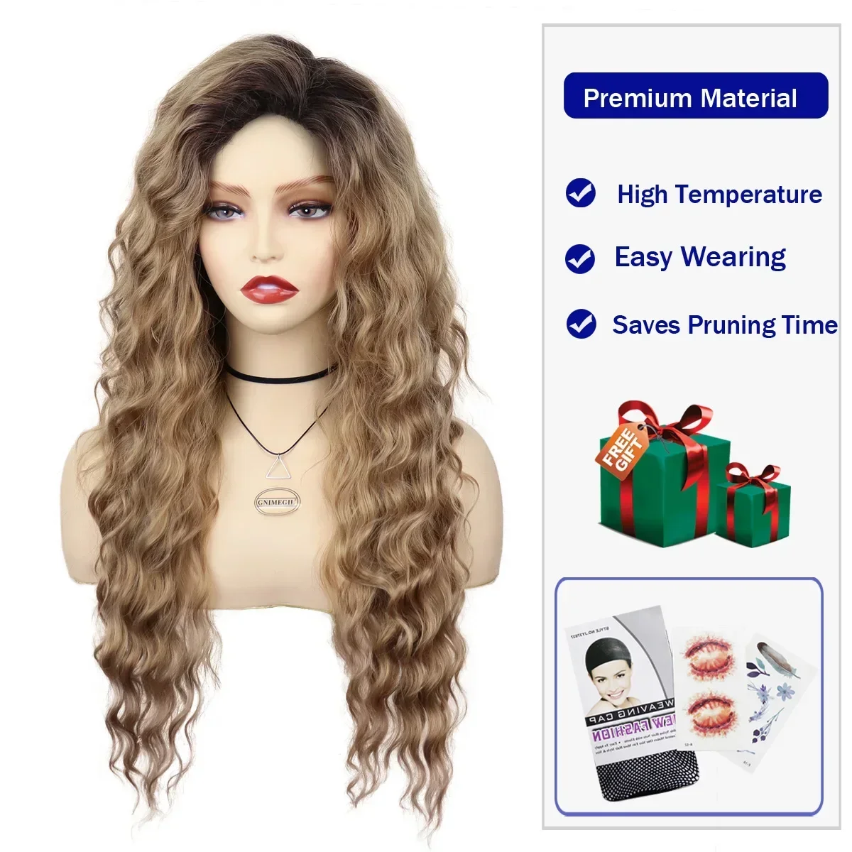 GNIMEGIL Synthetic Long Wave Cur Wigs Female Natural Brown Wig with Clip Free Part Side Bangs 80s Curly Wigs for Women Ombre Wig