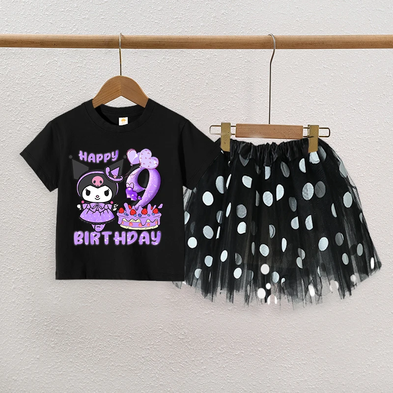 Kawaii Kuromi عدد تي شيرت لطيف فتاة عيد ميلاد الملابس مجموعة الكرتون المحملة القمم البولكا نقطة تول تنورة 2 قطعة فستان طفل ملابس رسمية