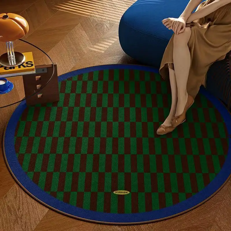 Round Geometric Carpet Mat Rug Striped Checkerboard Pattern Blue Green Brown Color Soft Floor Mat Living Room Home Decoration