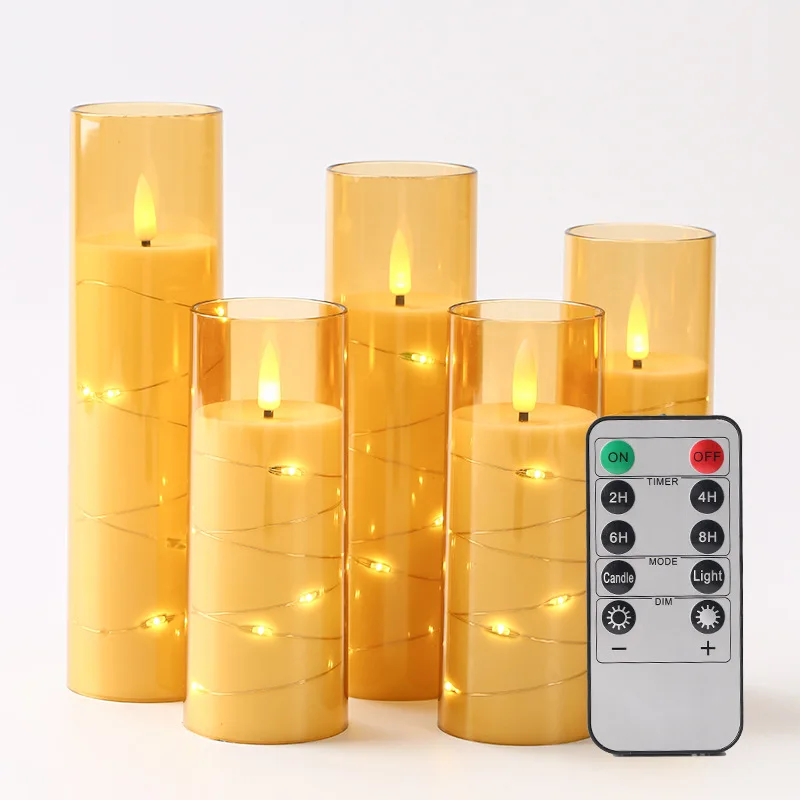 Remote Flameless Candle Real Wax & Embedded String Lights Faux Wickless Pillar Battery Operated Candles & Timer Glass Effect