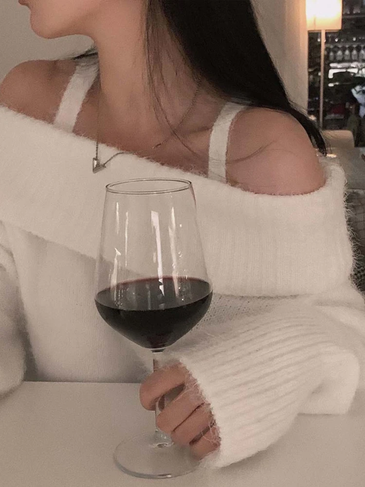 Elegant Sweet Shoulder Bared Knitwear Women's Korean Sle Autumn Winter Warm Faux Fur Long Sleeve One Shoulder Top