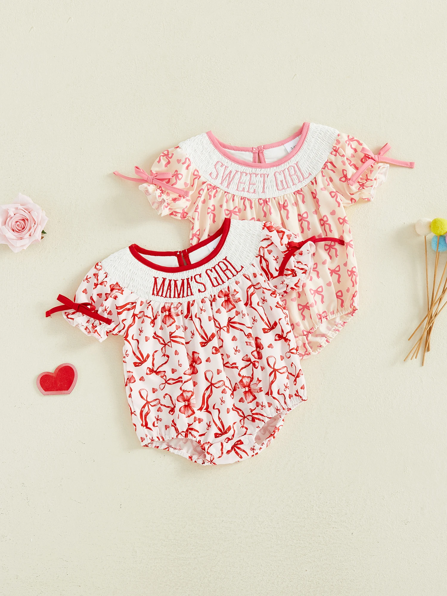 

Toddler Girl Floral Print Short Sleeve Romper with Bow Detail and Embroidered Letters Cute O Neck Casual Romper for Summer