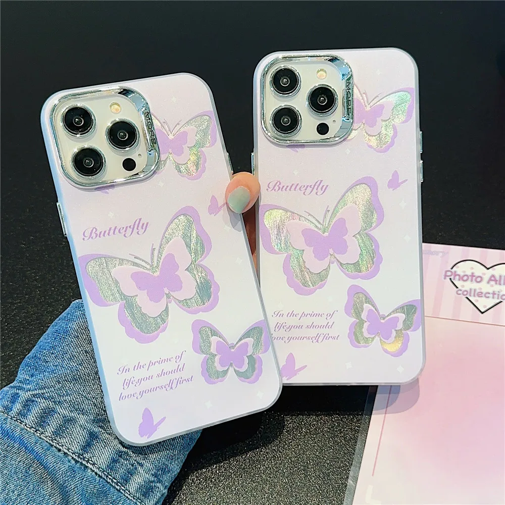 Lovebay INS Korean Pink Purple Letter Butterfly Pattern Phone Case For iPhone11 12 13 14 15 Pro Max Shockproof Back Bumper Cover