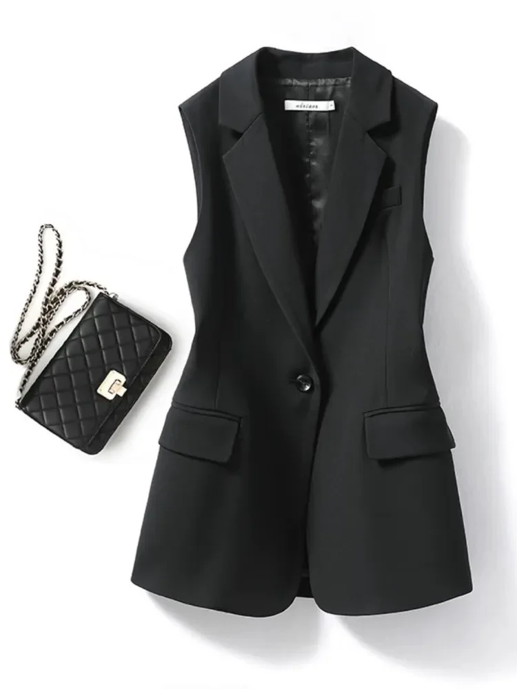 

Women's Lapel Collar Vest Coat All-Matched Single Breasted Sleeveless Classic Solid Color Chic Vintage Office Lady Jacket D87