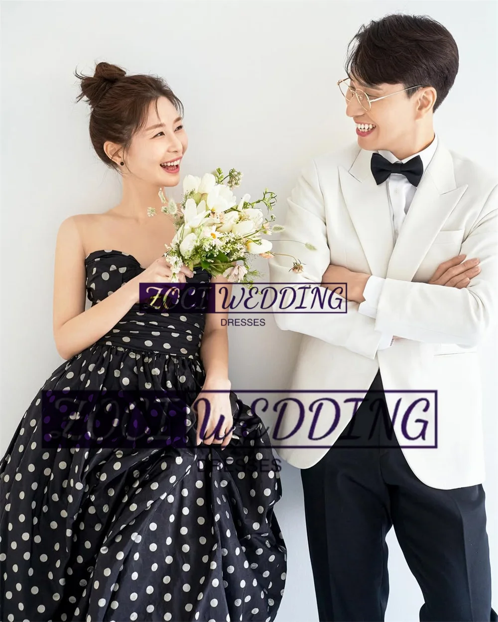 Zoci 빈티지 블랙 한국 이브닝 드레스, 화이트 도트, 맞춤형 새틴 웨딩 사진 촬영, 원피스 플로어 신부 피로연 원피스
