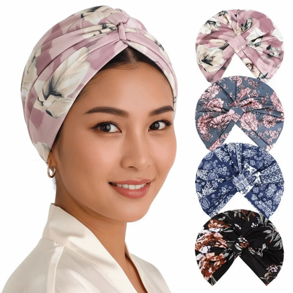 New Bohemia Floral Print Turban Pleated Stretchy Pre Tied Knot Head Wrap Chemo Caps Beanie Hat Muslim Hijab