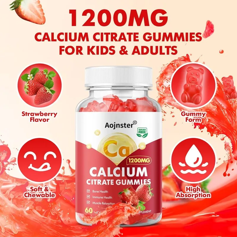 Aojnster Calcium Citrate Gummies, 1200mg, Strawberry Flavor, Sugar Free, Vegan, 60 Count Daily Dietary Supplement for Adults