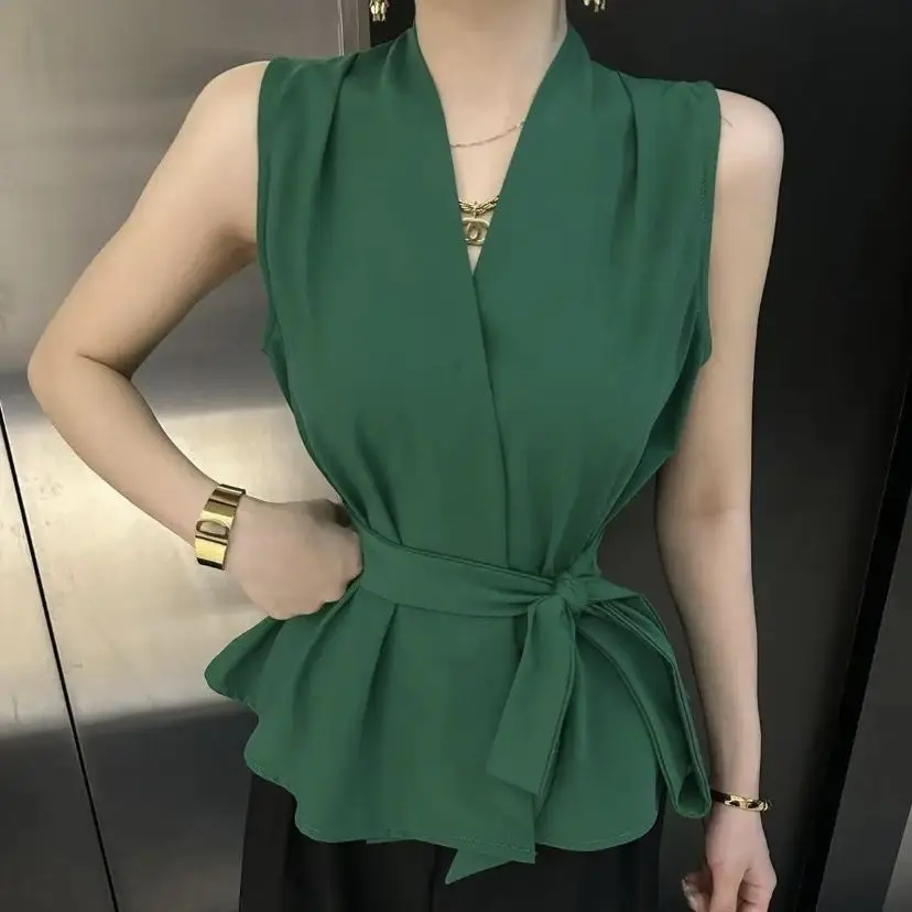 

Elegant Sleeveless Vest Women's Summer New Korean Version Slimming High-End Feeling Belted Outerwear Shirt Top