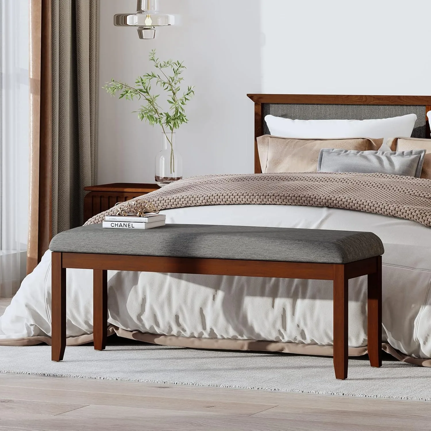 

Rubberwood Legs & Fabric Padded Seat, End of Bed Bench for Bedroom/Living Room, Dark Grey