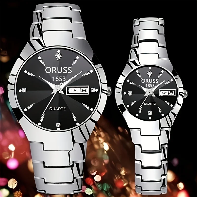 2pcs Couples Dial Cutting Quartz Watch Business Fashion Analog Calendar Wrist Watch Valentines Gift For Men Women Date Watch