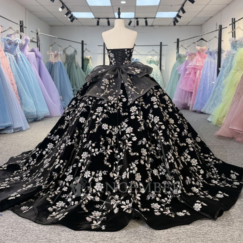 فستان أسود لامع للأميرة الحلو 16 فستان فساتين Quinceanera مزين بالترتر والدانتيل تول لحفلات أعياد الميلاد 15 De Anos