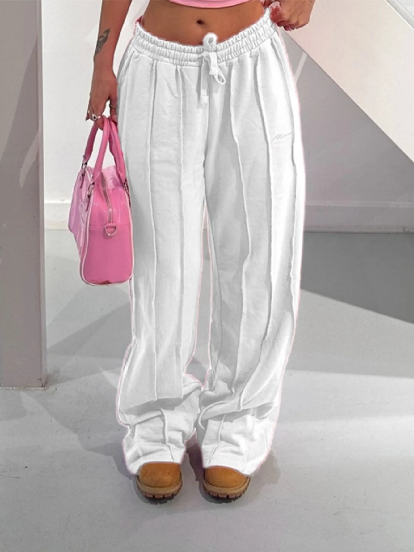 Women Pants Mid Waist Drawstring Trousers Wide Leg Pant Office Lady Elegant Loose Slight Strech Capris Summer Y2k Streetwear