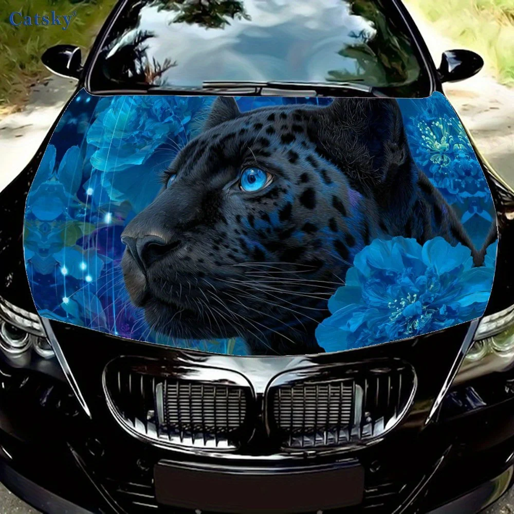 

Artistic Blue Panther and Flowers Car Vinyl Wrap, PVC Waterproof Car Hood Sticker, Self-Adhesive Scratch-Resistant Stickers for