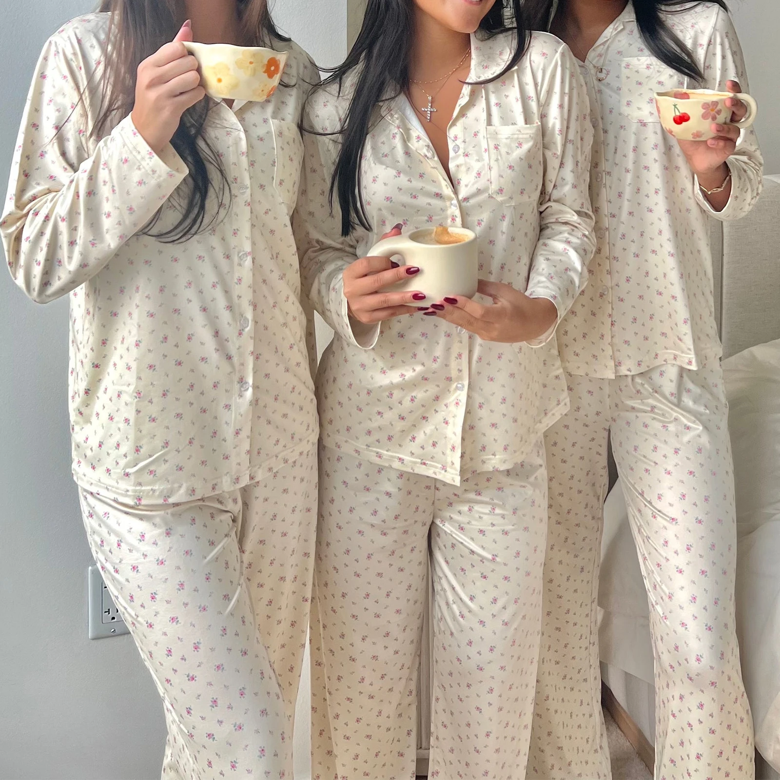 Women y2k Coquette 2 Piece Floral Pajamas Loungewear Sweet Floral Print Long Sleeve Shirt+Wide Leg Palazzo Pants Loungewear