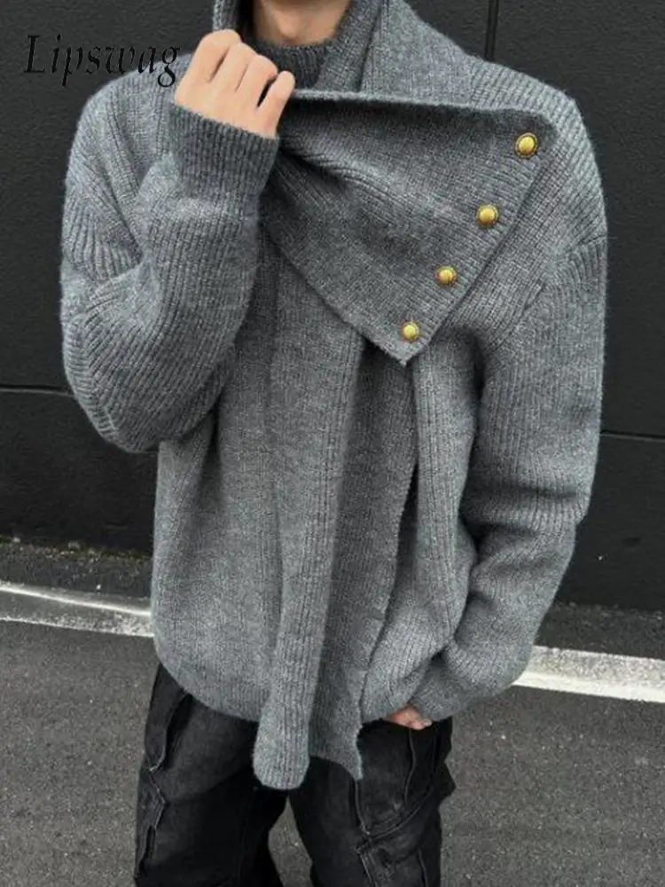 

Осень-зима мужские повседневные вязаные свитера с высоким воротником на пуговицах нерегулярный свитер мужские модные однотонные тонкие вязаные джемперы топы