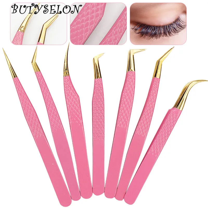 Pince à épiler en acier inoxydable rose pour faux cils, pince à bande incurvée individuelle, outil de maquillage pour nail art