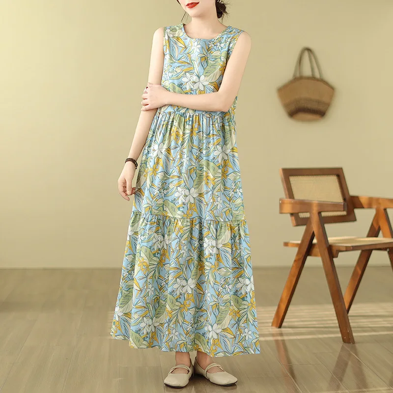 Elegante blumen druck Casual Lose Ärmellose Maxi Kleider Sommer frauen Kleid Dünne Hohe Taille Oansatz Mode Kleid Frau