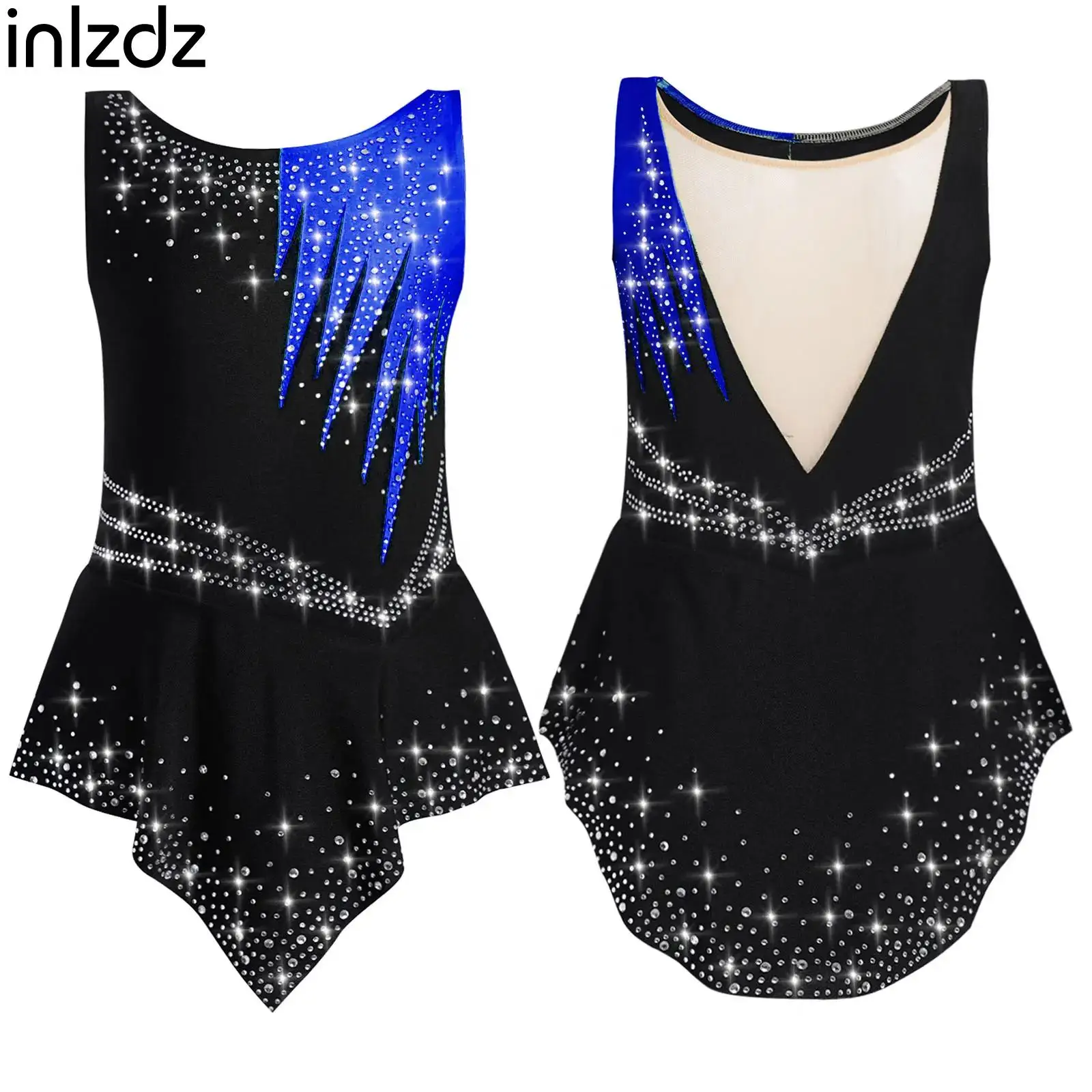 

Children Girls Rhinestones Roller Skating Tutu Dress Ballet Gymnastics Leotard Sleeveless Bodysuit Figure Ice Skating Dancewear