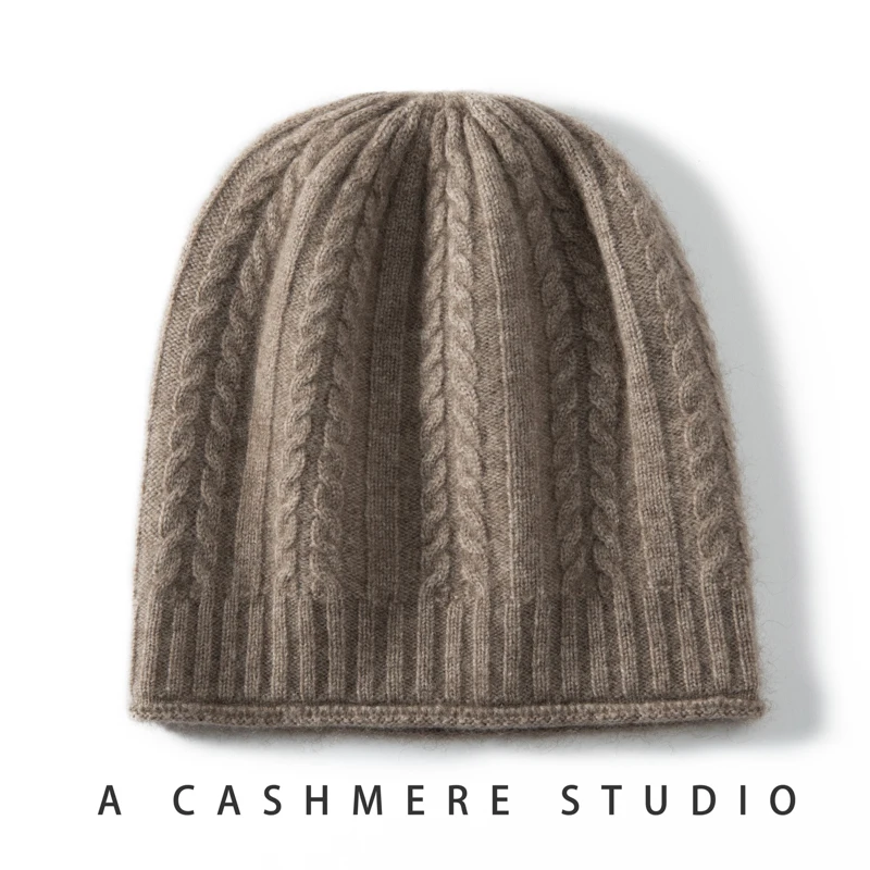 THYFGT  High Quality Cashmere Beanie Hats Winter Casual Solid Color 100% Cashmere Knitted Hat Outdoor Warm Fancy Cap for Women