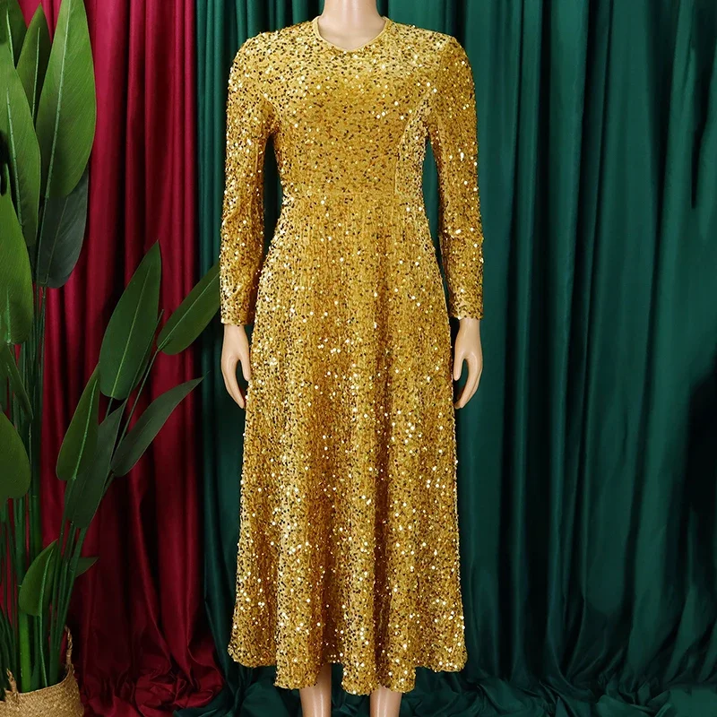 

African Dresses for Women Long African Sequin Glitter Dress Sexy Long Sleeve O neck Robe Femme Daily Evening Party Dress Dashiki