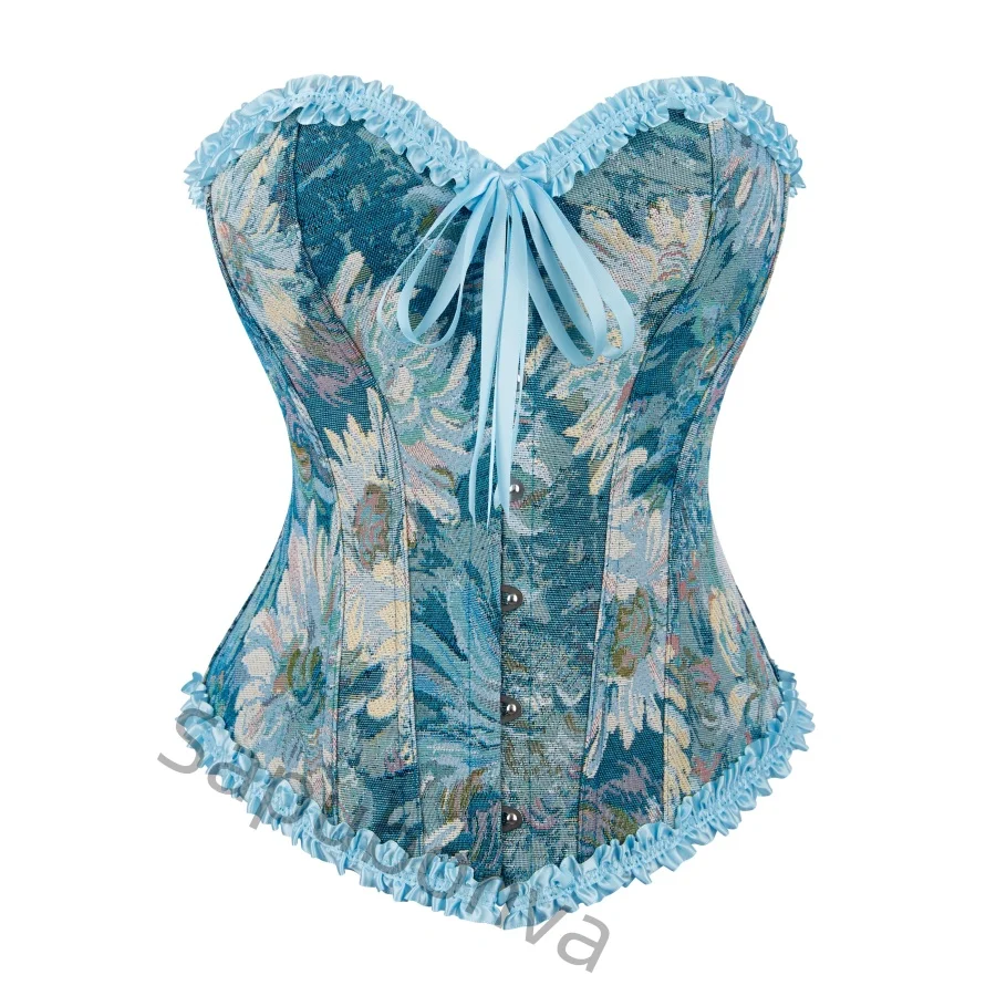 

Корсет для женщин, топ-бюстье, наряд больших размеров, кружевной вечерний винтажный костюм эпохи Возрождения на Хэллоуин, средневековый синий цветочный костюм