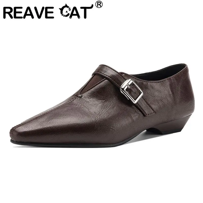 

Женские туфли REAVE CAT коричневого цвета, без каблука, с квадратным носком, на шнуровке с пряжкой, большие размеры 41, 42, 43, повседневная офисная обувь, нескользящая, для ежедневной носки.