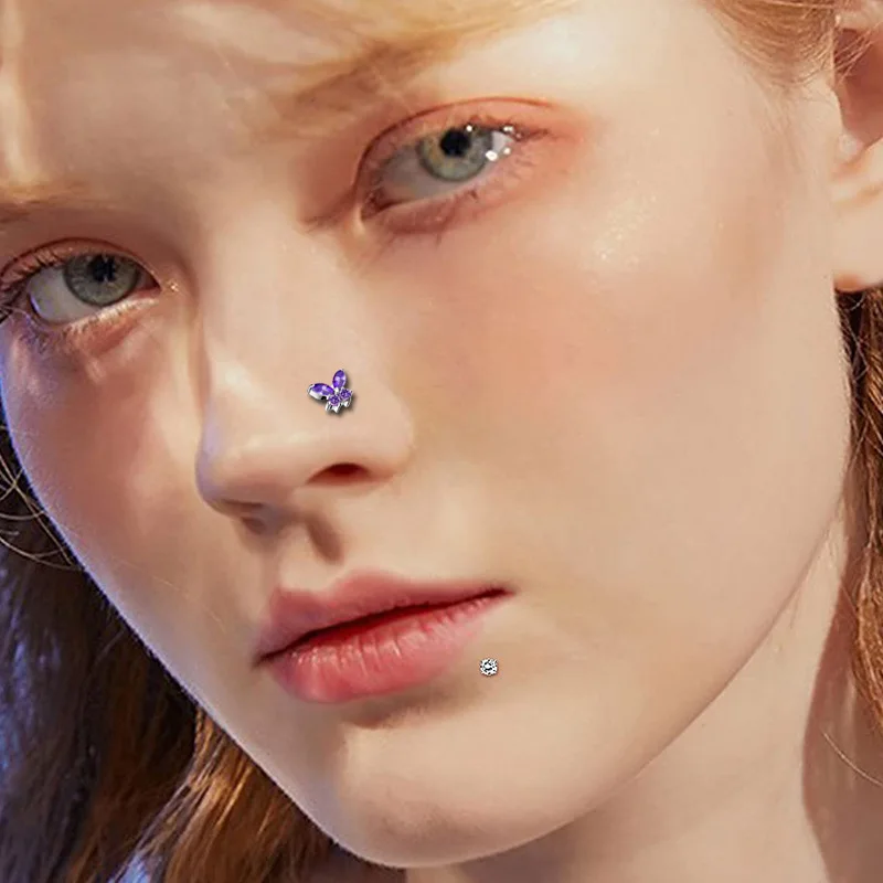 S/L Butterfly Minimalist Cute Stainless Steel Blue Butterfly Nose Studs Zircon Inlaid Multi-Color Optional Shank Body Jewelry