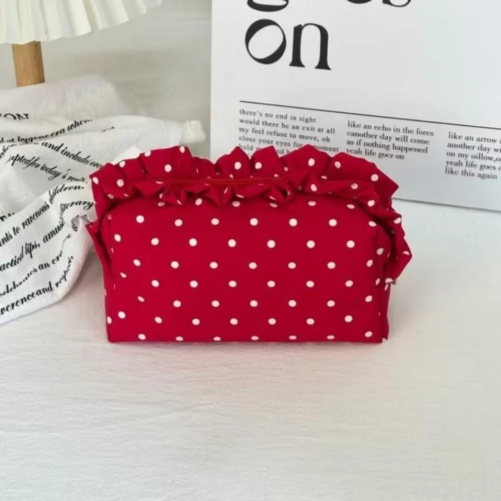 Vintage Polka Dot Cosmetic Bag Ruffle Edge Decor Portable Makeup Pouch Minimalist Design Multi-use Stationery Bag Travel Use