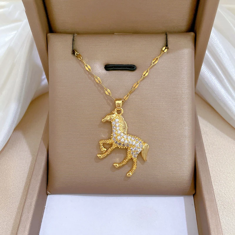 Stainless Steel Luxury Zircon Steed Horse Pendant Necklace Earrings Suitable for Women to Wear Daily Holiday Gift Jewelry New