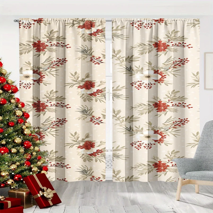2PCS Christmas Winter Curtains, Beige Red Berry Pine Branch Floral Pattern, Digital Print, Bedroom Living Room, Home Decor