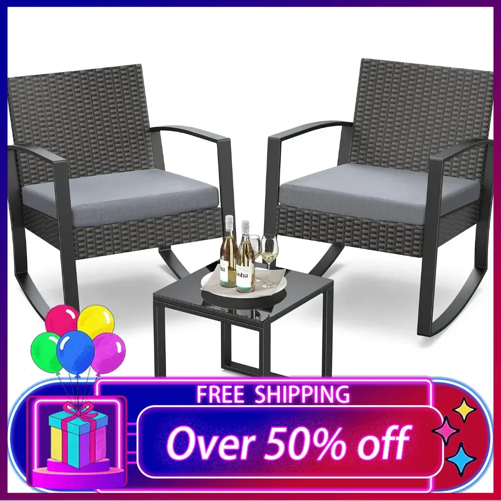 3 Pieces Patio Furniture Set Rocking Bistro Set Outdoor Rattan Conversation with Coffee Table for Garden Balcony Backyard