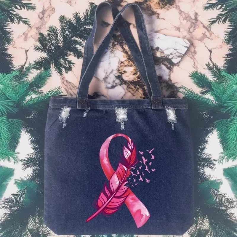 

October Pink Breast Cancer Awareness Vintage Denim Shoulder Crossbody Bags for Girls School Casual Large Capacity Shoulder Bags