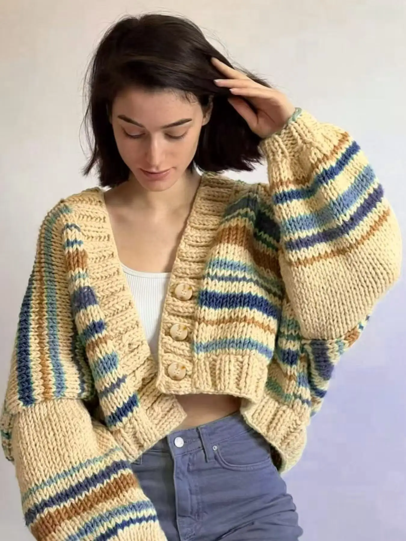 Cropped V-Neck Knit… - image