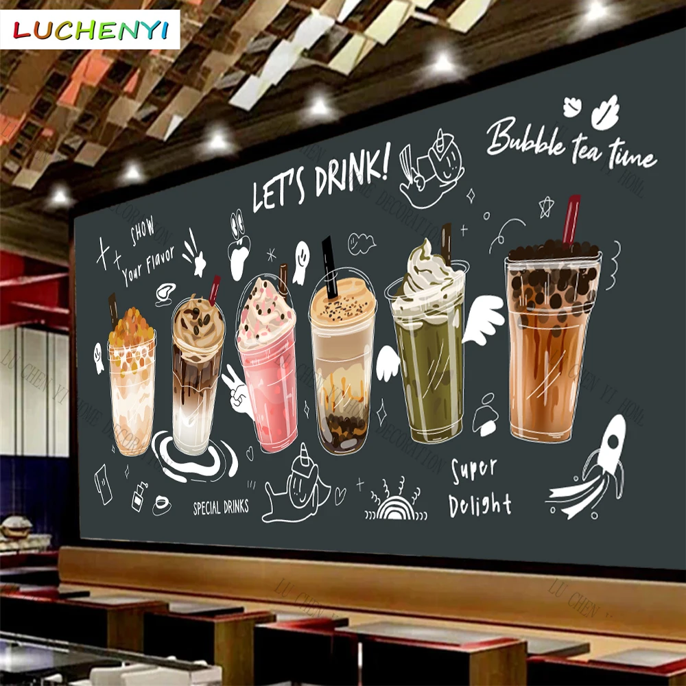 

Custom cartoon bubble milk tea 3d wallpaper mural restaurant juice shop kitchen dining room wall papers home decor sticker