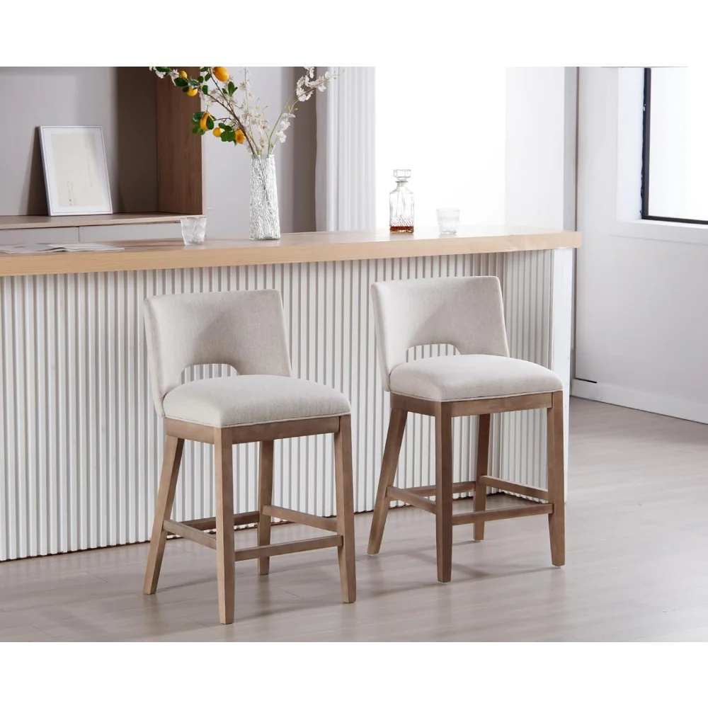 

26" Bar Stools Set of 2 Armless Padded Counter Stools with Wood Back and Legs Upholstered Linen Fabric Stool Chair for Kitchen