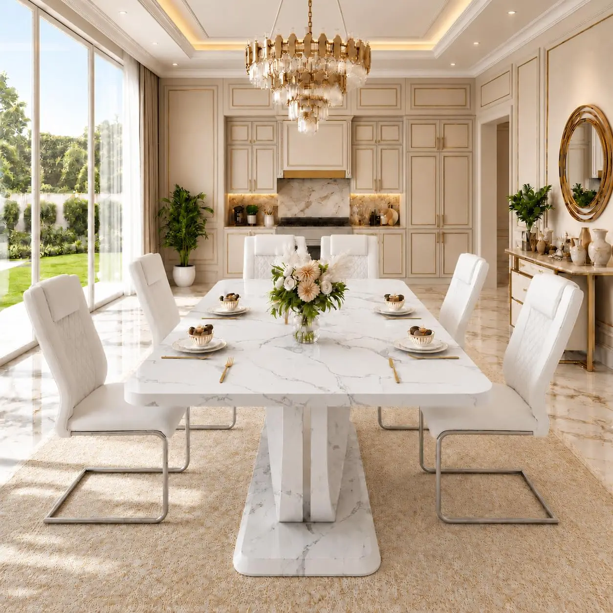 7-Piece Dining Table Set for 6, 63-Inch White & Gray Faux Marble