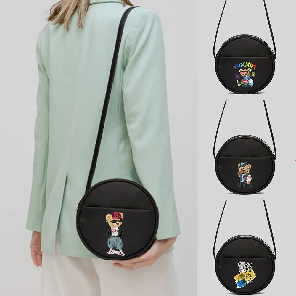 

Tote Bag Shoulder Bags Casual Woman Bags Bear Pattern Series Black Commuter Fashion Round Cake Bag Canvas Storage Phone Bags