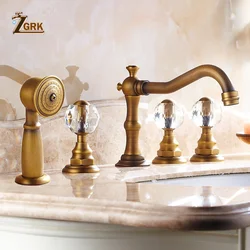 ZGRK Basin Faucets Deck 5 Holes Antique Brass Bathtub Mixer Faucet Handheld Shower Widespread Bathroom Faucet Set Water Tap