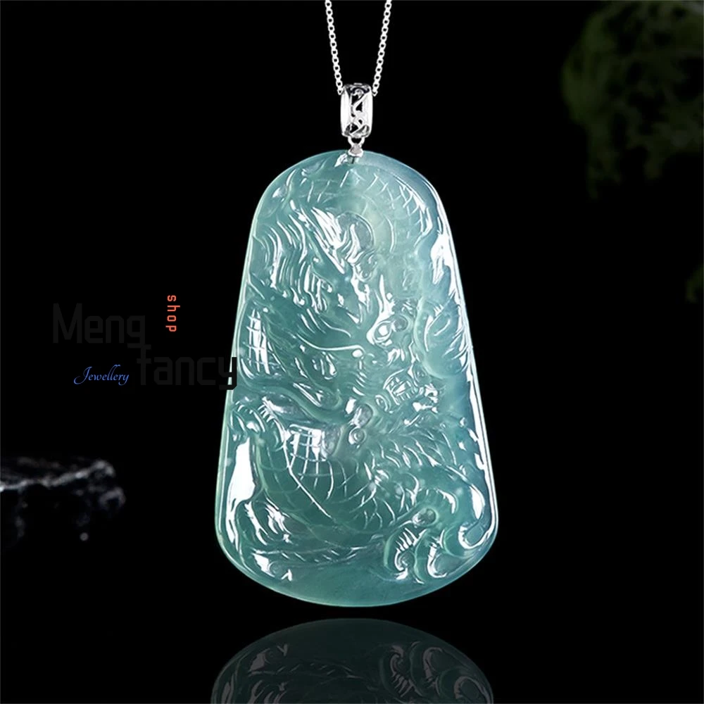 High-grade Natural A-goods Jadeite Ice Blue Water Zodiac Dragon Sign Jade Pendant 18K Gold Buckle Inlaid Luxury Fashion Jewelry