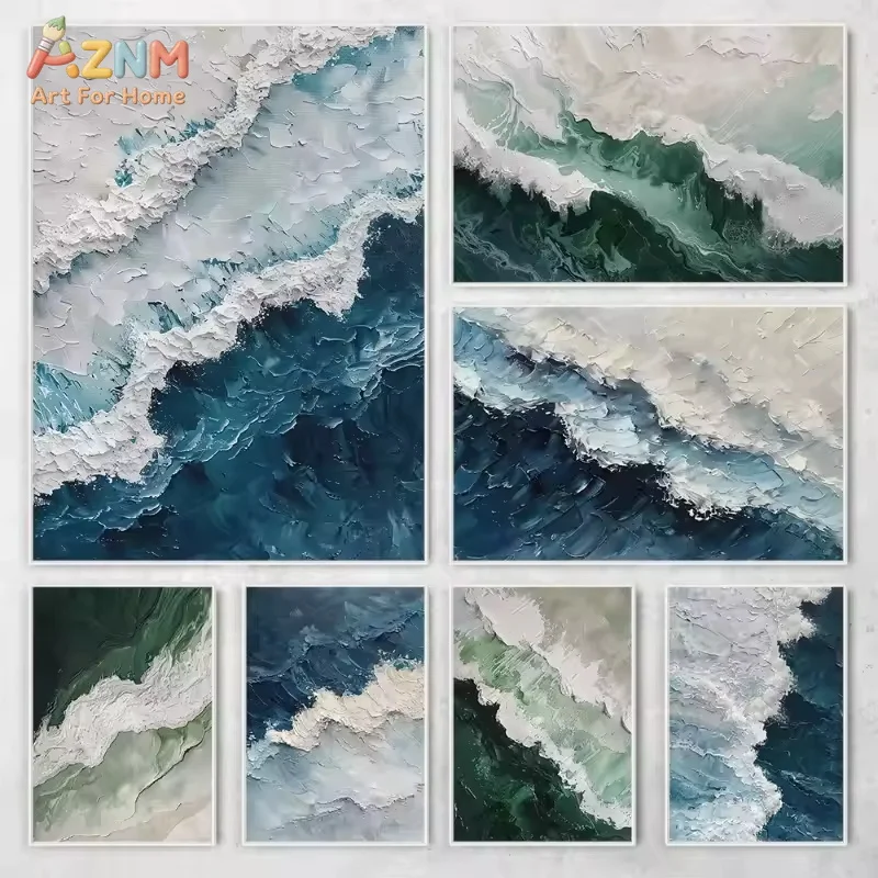 AZNM Abstract Green Ocean Wave Fluid Art Canvas Wall Art Modern Seascape Texture Print Unframed Canvas Painting for Living Room view 2