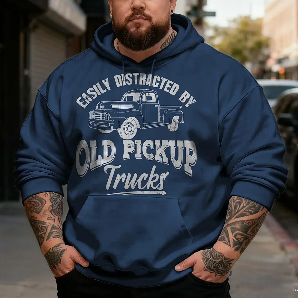 Men's Plus Size Vintage Slogan Pullover Hoodie, Old Pickup Truck or Lawn Care Humor Print for Hobby Fans and Casual Wear, S-9XL