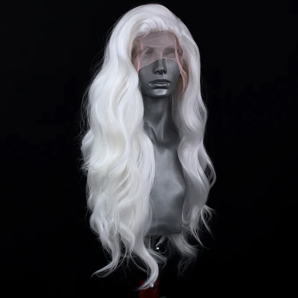 UNIQUE White Wig Synthetic Lace Front Wigs for Women Long Natural Wave Heat Resistant Fiber Cosplay Party Wigs Free Part Wig