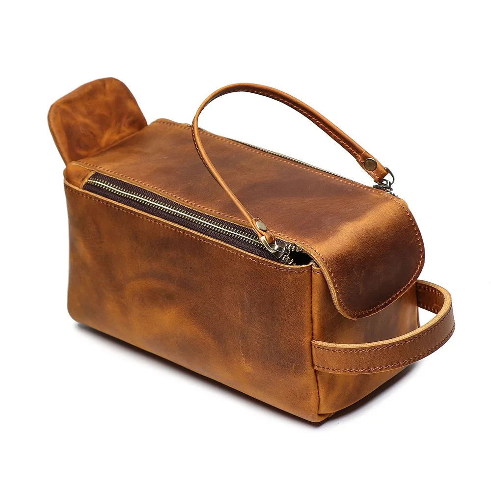 Nesitu Crazy Horse Genuine Leather Travel Makeup Bag Men's Vintage Leather Cosmetic Cases Washing Storage Toiletry Bag M30061