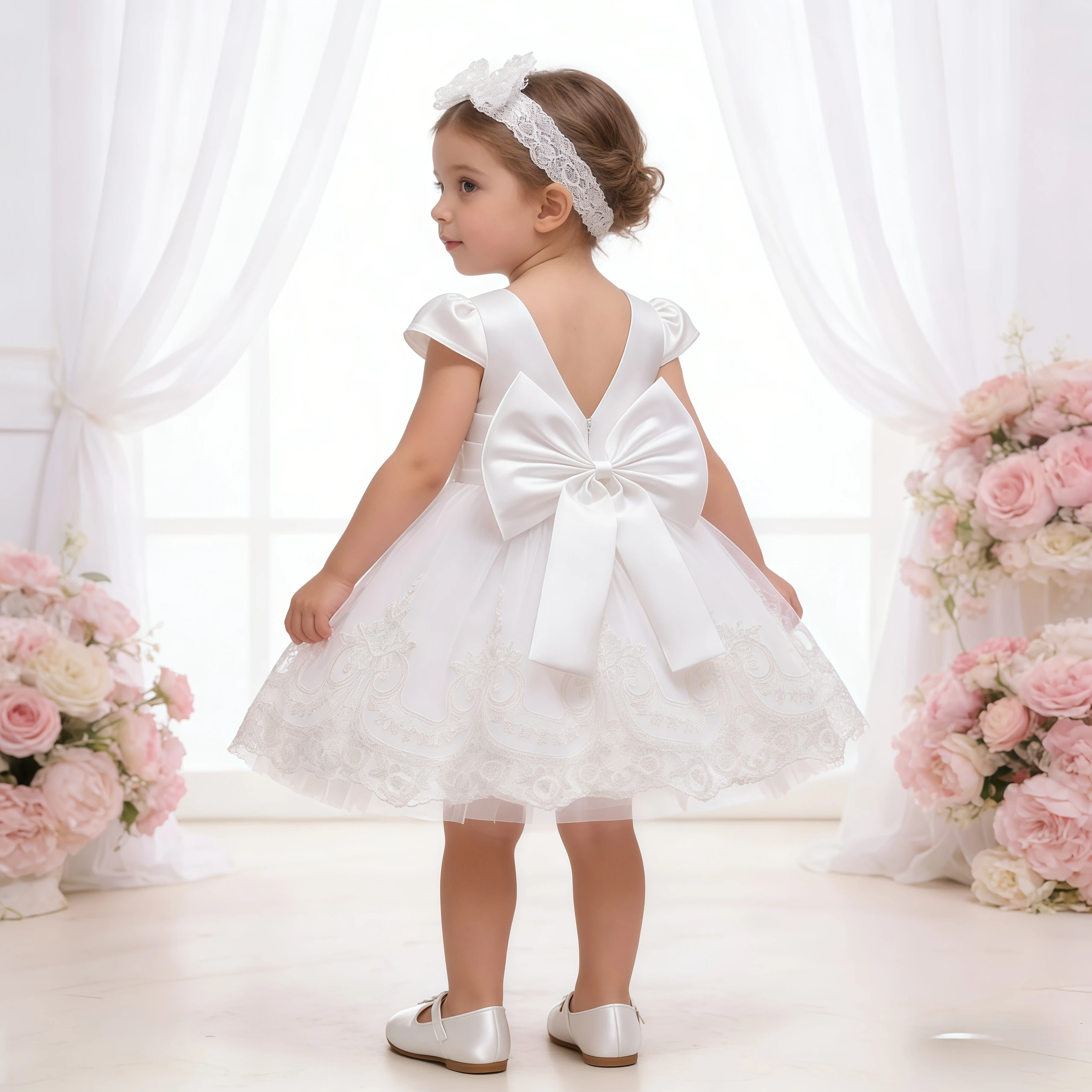 Flower Girls Princess Dress Lace Embroidery Tulle Gown Baby Bridesmaid Wedding Formal Evening Baptism 1 Year Birthday Costume