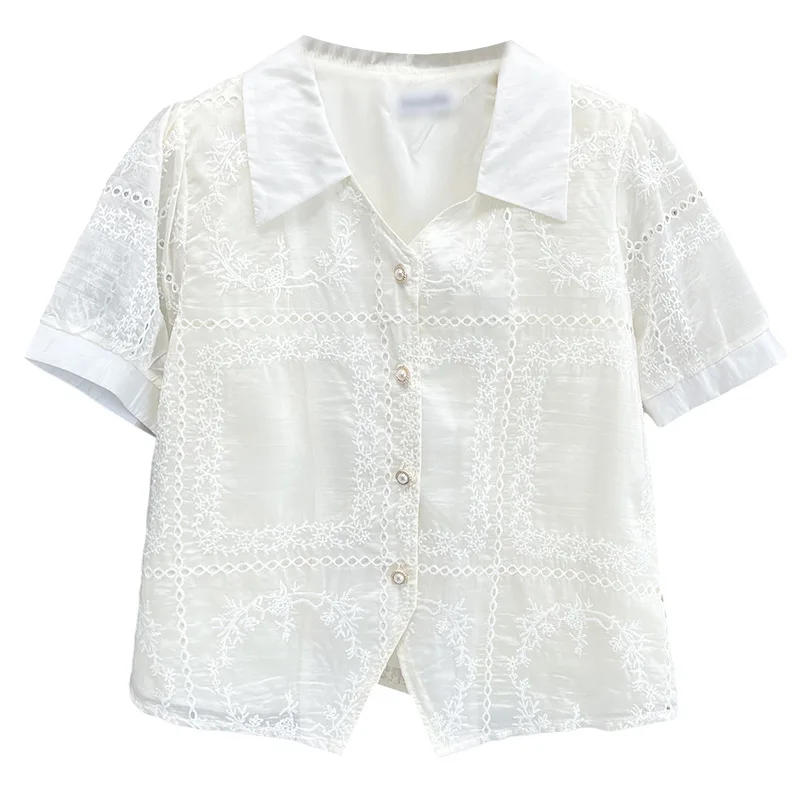 

2025 женские блузки больших размеров, летняя новая стильная рубашка с v-образным вырезом, 100 кг, вышитая, с короткими рукавами, 67162