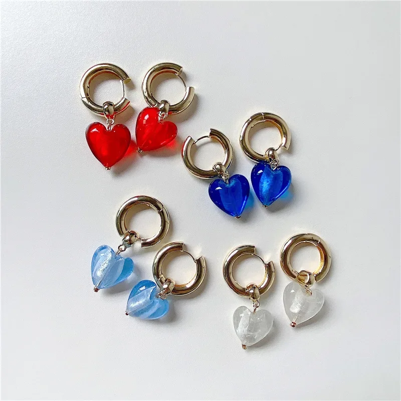 Minar Vintage Transparent Red Blue Color Glass Heart Drop Earrings for Women Gold Color Hooks Love Heart Dangle Earrings Gifts