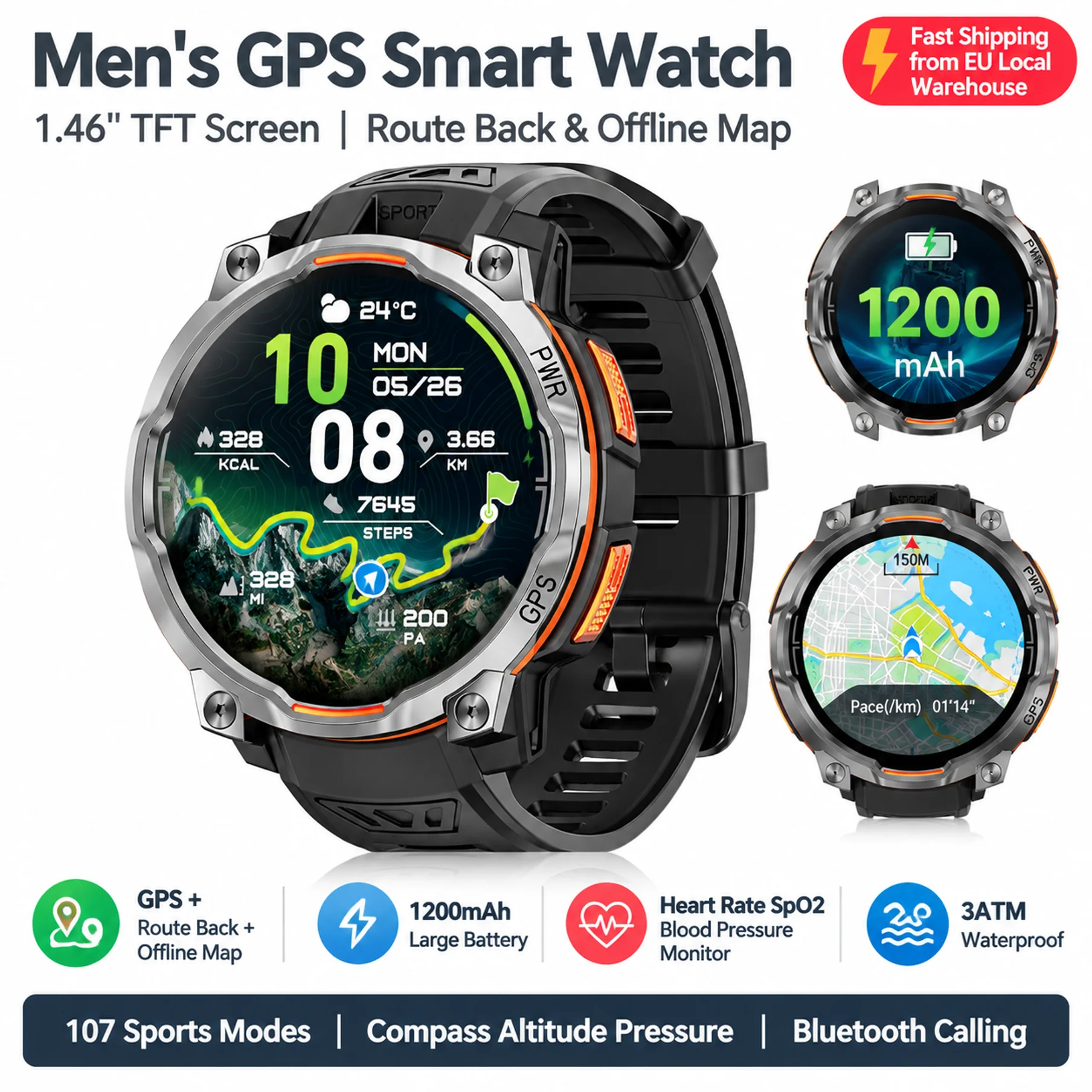 Militär GPS Smartwatch Herren Offline-Karte Wegrückverfolgung 1200mAh 1,46" 107 Sportmodi Bluetooth Anruf Höhenmesser Kompass LED Taschenlampe 3ATM Wasserdicht Wandern Camping Android IOS DE Lager