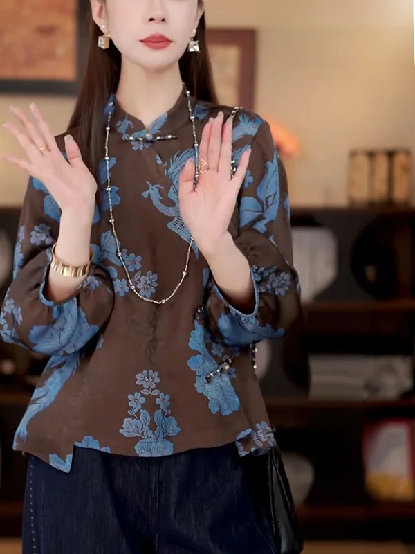 

Новая китайская свободная женская блузка с воротником-стойкой, на пуговицах, повседневная, больших размеров, осенняя