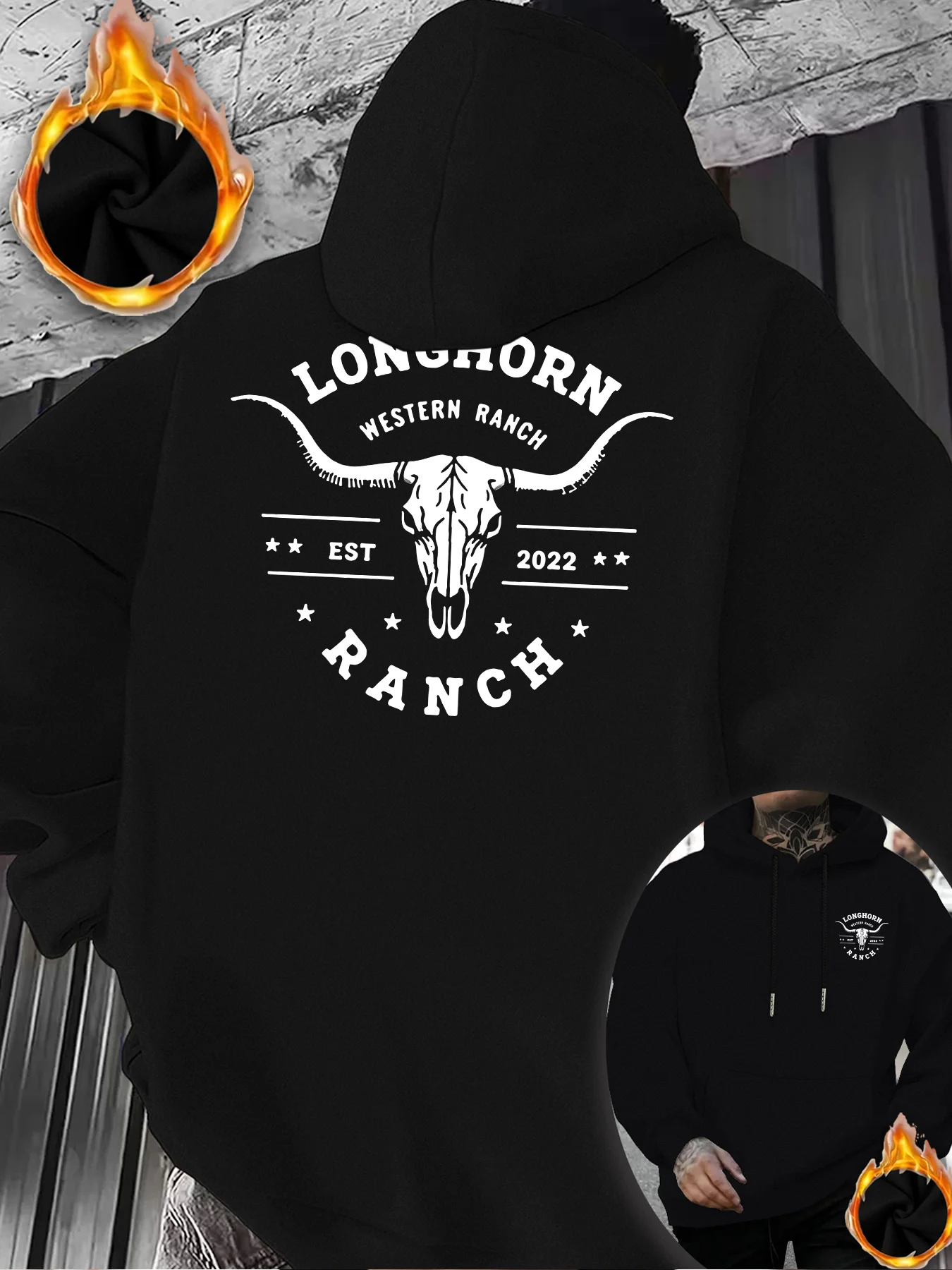 Herren Longhorn Western Ranch Bull Skull Grafik-Hoodie, bedruckter Cowboy Vintage Kapuzenpullover, locker geschnittener, übergroßer, lässiger Pullover. – Detail 1