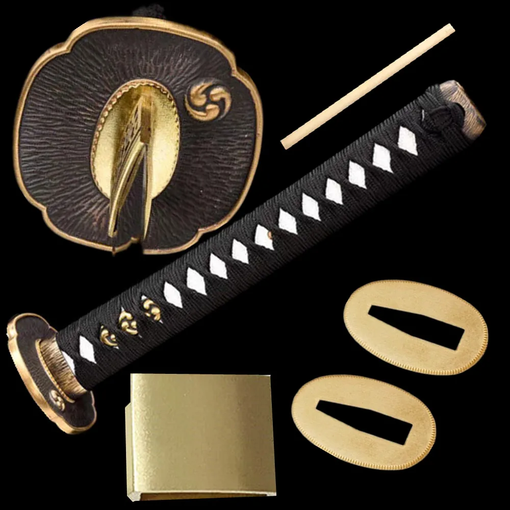 

26cm Black Ito Handle Tsuka Tsuba/Fuchi/Kashira/Habaki/Menuki/Seppa For Japanese Sword Katana Wakizashi Tanto Set Brass Fittings